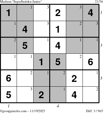 The grouppuzzles.com Medium SuperSudoku-Junior puzzle for Wednesday November 19, 2025, suitable for printing, with all 3 steps marked