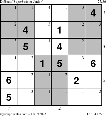 The grouppuzzles.com Difficult SuperSudoku-Junior puzzle for Wednesday November 19, 2025, suitable for printing, with all 4 steps marked