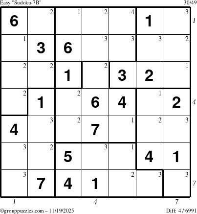 The grouppuzzles.com Easy Sudoku-7B puzzle for Wednesday November 19, 2025 with all 4 steps marked