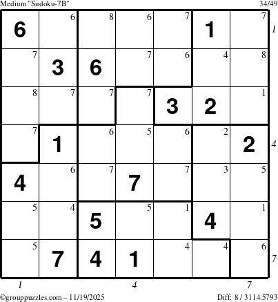 The grouppuzzles.com Medium Sudoku-7B puzzle for Wednesday November 19, 2025 with all 8 steps marked