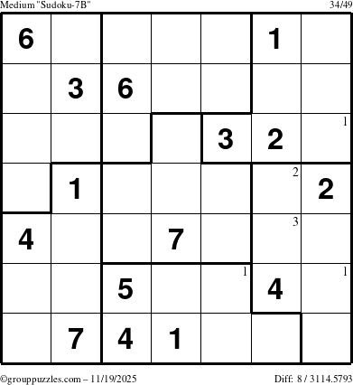 The grouppuzzles.com Medium Sudoku-7B puzzle for Wednesday November 19, 2025 with the first 3 steps marked