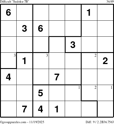 The grouppuzzles.com Difficult Sudoku-7B puzzle for Wednesday November 19, 2025 with the first 3 steps marked