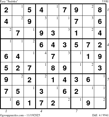 The grouppuzzles.com Easy Sudoku puzzle for Wednesday November 19, 2025 with all 4 steps marked