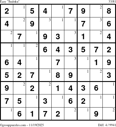 The grouppuzzles.com Easy Sudoku puzzle for Wednesday November 19, 2025 with the first 3 steps marked