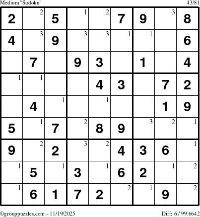 The grouppuzzles.com Medium Sudoku puzzle for Wednesday November 19, 2025 with the first 3 steps marked