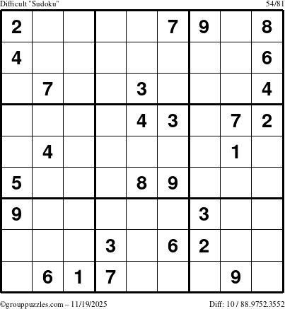 The grouppuzzles.com Difficult Sudoku puzzle for Wednesday November 19, 2025
