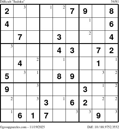 The grouppuzzles.com Difficult Sudoku puzzle for Wednesday November 19, 2025 with the first 3 steps marked
