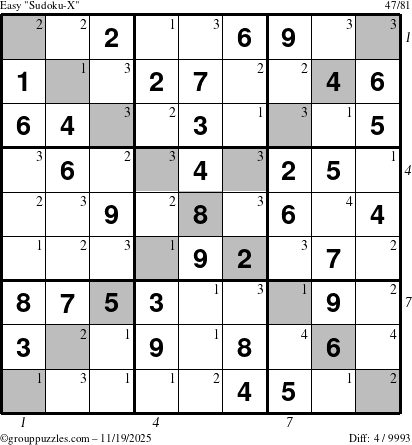 The grouppuzzles.com Easy Sudoku-X puzzle for Wednesday November 19, 2025 with all 4 steps marked