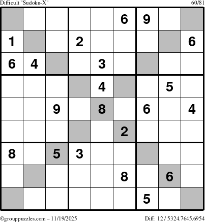 The grouppuzzles.com Difficult Sudoku-X puzzle for Wednesday November 19, 2025