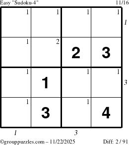 The grouppuzzles.com Easy Sudoku-4 puzzle for Saturday November 22, 2025, suitable for printing, with all 2 steps marked