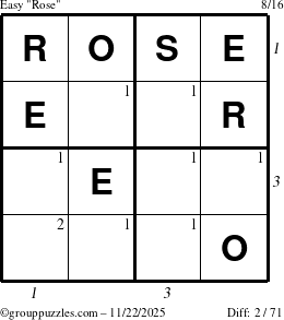 The grouppuzzles.com Easy Rose puzzle for Saturday November 22, 2025, suitable for printing, with all 2 steps marked