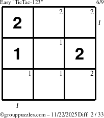The grouppuzzles.com Easy TicTac-123 puzzle for Saturday November 22, 2025 with all 2 steps marked
