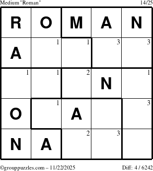 The grouppuzzles.com Medium Roman puzzle for Saturday November 22, 2025 with the first 3 steps marked