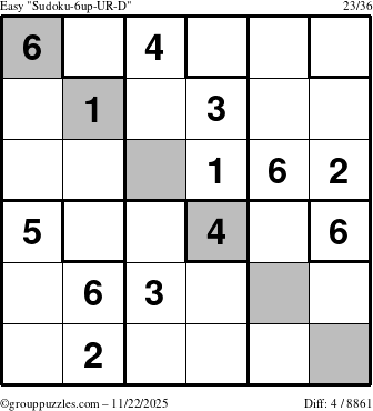 The grouppuzzles.com Easy Sudoku-6up-UR-D puzzle for Saturday November 22, 2025