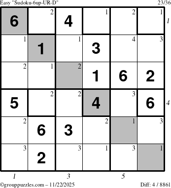 The grouppuzzles.com Easy Sudoku-6up-UR-D puzzle for Saturday November 22, 2025, suitable for printing, with all 4 steps marked