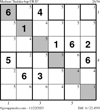 The grouppuzzles.com Medium Sudoku-6up-UR-D puzzle for Saturday November 22, 2025 with all 6 steps marked