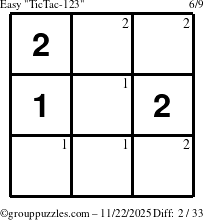 The grouppuzzles.com Easy TicTac-123 puzzle for Saturday November 22, 2025 with the first 2 steps marked