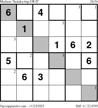 The grouppuzzles.com Medium Sudoku-6up-UR-D puzzle for Saturday November 22, 2025 with the first 3 steps marked