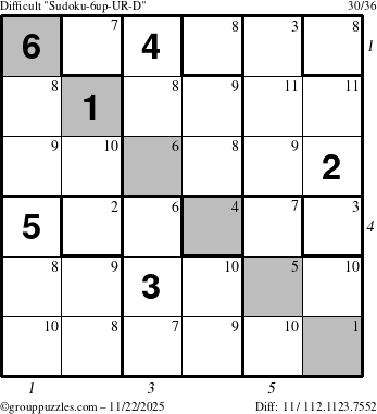 The grouppuzzles.com Difficult Sudoku-6up-UR-D puzzle for Saturday November 22, 2025 with all 11 steps marked