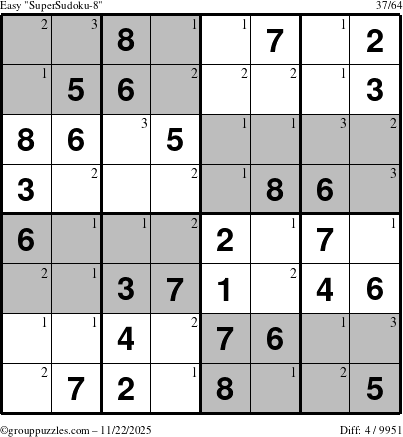 The grouppuzzles.com Easy SuperSudoku-8 puzzle for Saturday November 22, 2025 with the first 3 steps marked