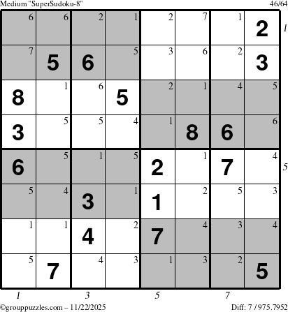 The grouppuzzles.com Medium SuperSudoku-8 puzzle for Saturday November 22, 2025 with all 7 steps marked