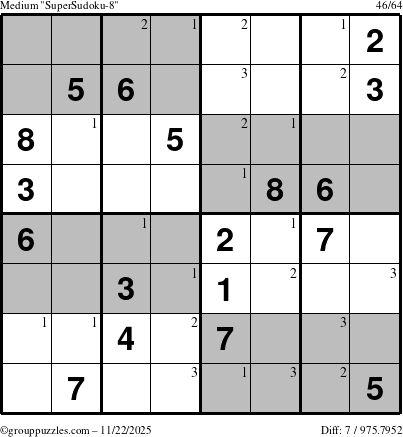 The grouppuzzles.com Medium SuperSudoku-8 puzzle for Saturday November 22, 2025 with the first 3 steps marked