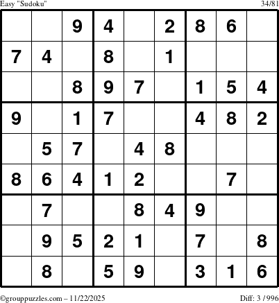 The grouppuzzles.com Easy Sudoku puzzle for Saturday November 22, 2025
