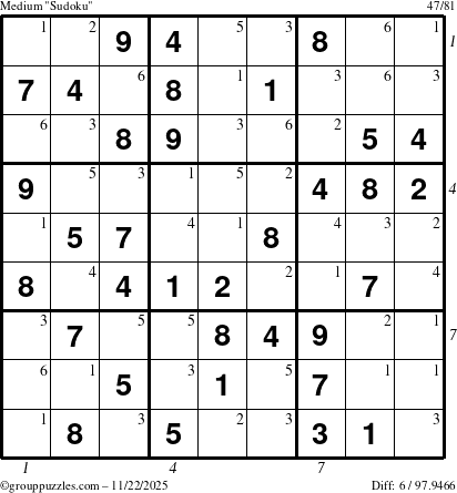 The grouppuzzles.com Medium Sudoku puzzle for Saturday November 22, 2025 with all 6 steps marked