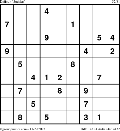 The grouppuzzles.com Difficult Sudoku puzzle for Saturday November 22, 2025