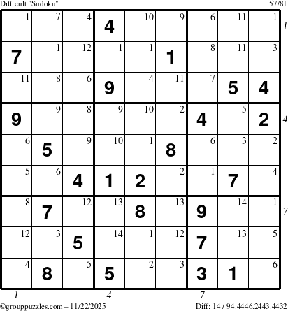 The grouppuzzles.com Difficult Sudoku puzzle for Saturday November 22, 2025 with all 14 steps marked