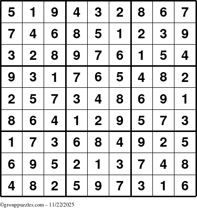 The grouppuzzles.com Answer grid for the Sudoku puzzle for Saturday November 22, 2025