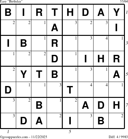 The grouppuzzles.com Easy Birthday puzzle for Saturday November 22, 2025 with all 4 steps marked