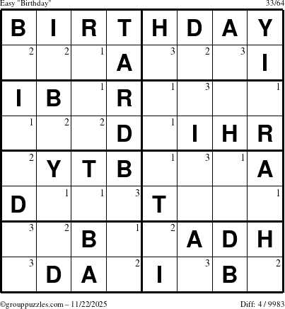 The grouppuzzles.com Easy Birthday puzzle for Saturday November 22, 2025 with the first 3 steps marked
