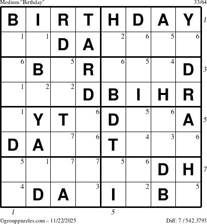 The grouppuzzles.com Medium Birthday puzzle for Saturday November 22, 2025, suitable for printing, with all 7 steps marked