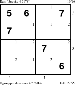 The grouppuzzles.com Easy Sudoku-4-5678 puzzle for Monday April 27, 2026, suitable for printing, with all 2 steps marked