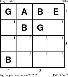 The grouppuzzles.com Easy Gabe puzzle for Monday April 27, 2026 with all 3 steps marked