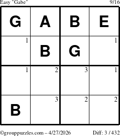 The grouppuzzles.com Easy Gabe puzzle for Monday April 27, 2026 with the first 3 steps marked