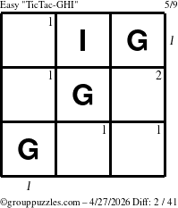 The grouppuzzles.com Easy TicTac-GHI puzzle for Monday April 27, 2026 with all 2 steps marked