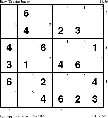 The grouppuzzles.com Easy Sudoku-Junior puzzle for Monday April 27, 2026, suitable for printing, with all 3 steps marked
