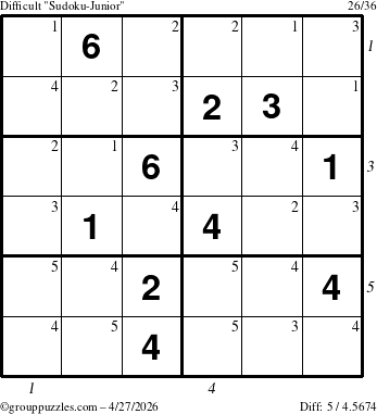 The grouppuzzles.com Difficult Sudoku-Junior puzzle for Monday April 27, 2026 with all 5 steps marked