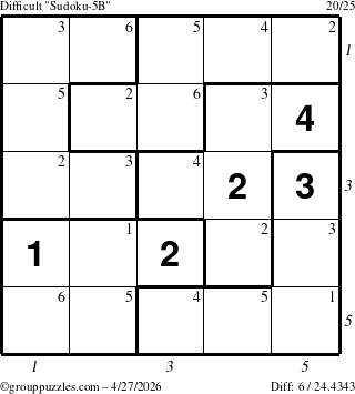 The grouppuzzles.com Difficult Sudoku-5B puzzle for Monday April 27, 2026 with all 6 steps marked