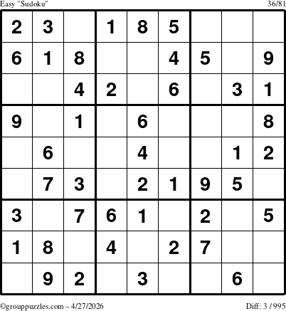 The grouppuzzles.com Easy Sudoku puzzle for Monday April 27, 2026