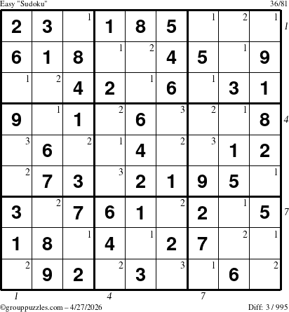 The grouppuzzles.com Easy Sudoku puzzle for Monday April 27, 2026, suitable for printing, with all 3 steps marked