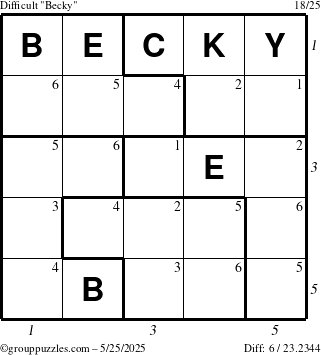 The grouppuzzles.com Difficult Becky puzzle for Sunday May 25, 2025, suitable for printing, with all 6 steps marked
