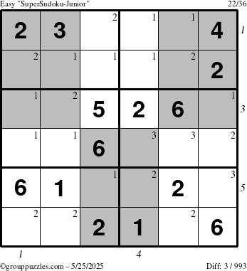 The grouppuzzles.com Easy SuperSudoku-Junior puzzle for Sunday May 25, 2025, suitable for printing, with all 3 steps marked