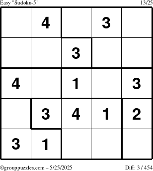 The grouppuzzles.com Easy Sudoku-5 puzzle for Sunday May 25, 2025