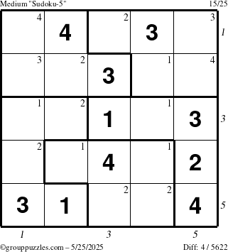The grouppuzzles.com Medium Sudoku-5 puzzle for Sunday May 25, 2025, suitable for printing, with all 4 steps marked