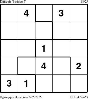 The grouppuzzles.com Difficult Sudoku-5 puzzle for Sunday May 25, 2025