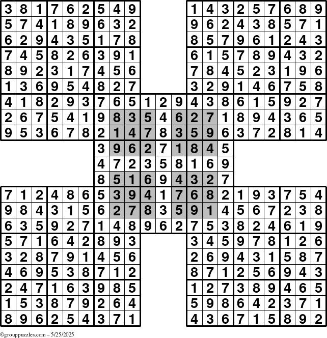 The grouppuzzles.com Answer grid for the HyperSudoku-by5 puzzle for Sunday May 25, 2025