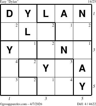 The grouppuzzles.com Easy Dylan puzzle for Tuesday April 7, 2026, suitable for printing, with all 4 steps marked